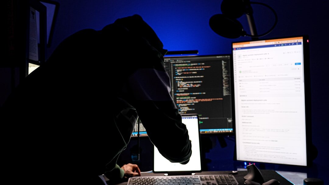 Cybersecurity professional monitoring multiple security screens with code